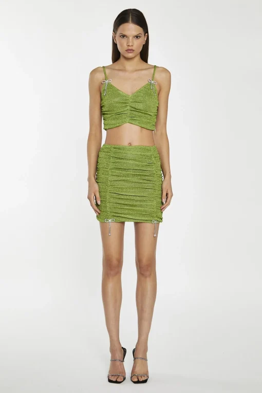 Glamorous Going Out Tops|Crops, Corsets & Bodysuits|Green-Glitter Ruched Crop-Top -