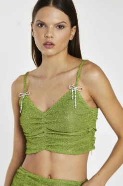 Glamorous Going Out Tops|Crops, Corsets & Bodysuits|Green-Glitter Ruched Crop-Top -