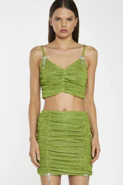 Glamorous Going Out Tops|Crops, Corsets & Bodysuits|Green-Glitter Ruched Crop-Top -