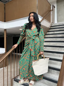 Glamorous Day Dresses|Midi & Midaxi Dresses|Green-Orange Leopard Wrap Midi-Dress -