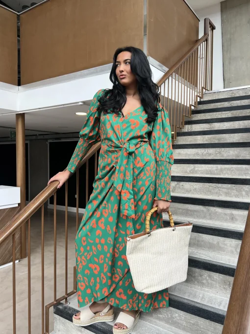 Glamorous Day Dresses|Midi & Midaxi Dresses|Green-Orange Leopard Wrap Midi-Dress -