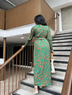 Glamorous Day Dresses|Midi & Midaxi Dresses|Green-Orange Leopard Wrap Midi-Dress -