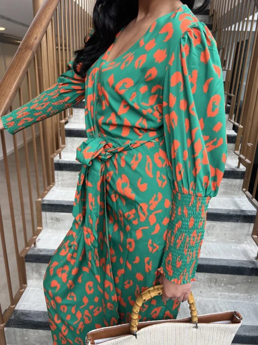 Glamorous Day Dresses|Midi & Midaxi Dresses|Green-Orange Leopard Wrap Midi-Dress -