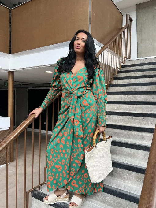 Glamorous Day Dresses|Midi & Midaxi Dresses|Green-Orange Leopard Wrap Midi-Dress -