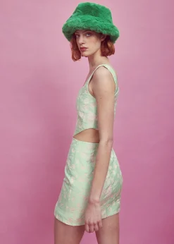 Glamorous Best Dressed Guest|Mini Skirts|Green-Pink Brocade Side Split Mini Skirt -