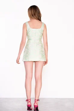 Glamorous Best Dressed Guest|Mini Skirts|Green-Pink Brocade Side Split Mini Skirt -