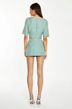 Glamorous Workwear|Going Out Skirts|Green-White Houndstooth Diamante Trim Mini-Skirt -