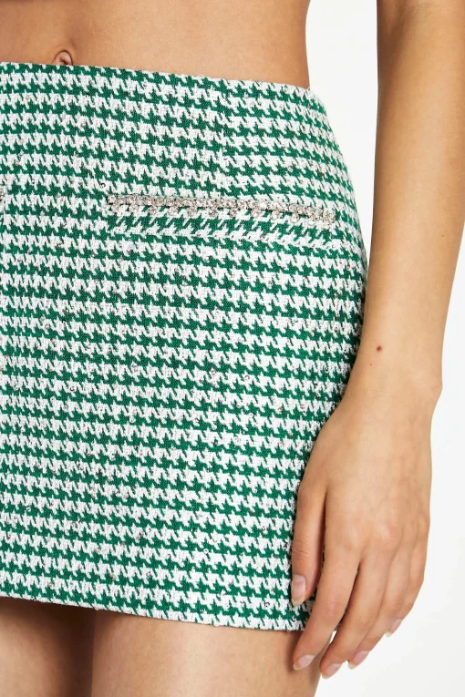 Glamorous Workwear|Going Out Skirts|Green-White Houndstooth Diamante Trim Mini-Skirt -