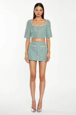Glamorous Workwear|Going Out Skirts|Green-White Houndstooth Diamante Trim Mini-Skirt -