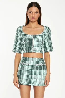 Glamorous Workwear|Co-ords|Green-White Houndstooth Round-Neck Diamante Trim Crop-Top -