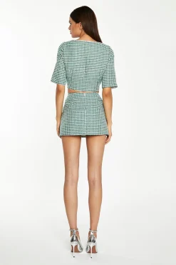 Glamorous Workwear|Co-ords|Green-White Houndstooth Round-Neck Diamante Trim Crop-Top -