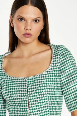 Glamorous Workwear|Co-ords|Green-White Houndstooth Round-Neck Diamante Trim Crop-Top -