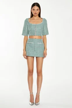 Glamorous Workwear|Co-ords|Green-White Houndstooth Round-Neck Diamante Trim Crop-Top -