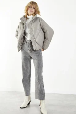 Glamorous Puffer Jackets|Jackets|Grey Collared Long-Sleeve Puffer-Jacket -
