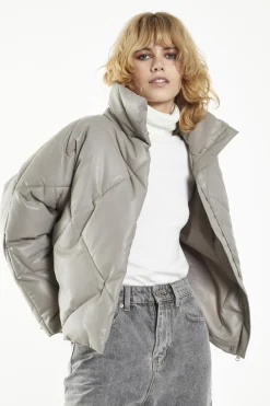 Glamorous Puffer Jackets|Jackets|Grey Collared Long-Sleeve Puffer-Jacket -