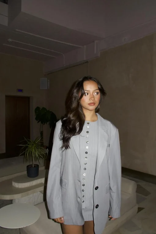 Glamorous Tops|Co-ords|Grey Pinstripe Collared Oversized-Jacket -