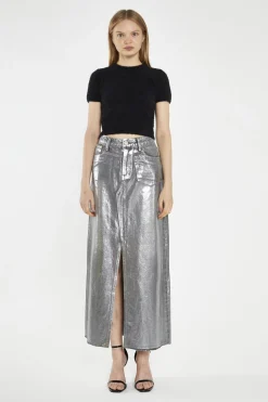 Glamorous Denim Skirts|Midi & Midaxi Skirts|Grey Silver-Foil Denim Split-Front Midi-Skirt -