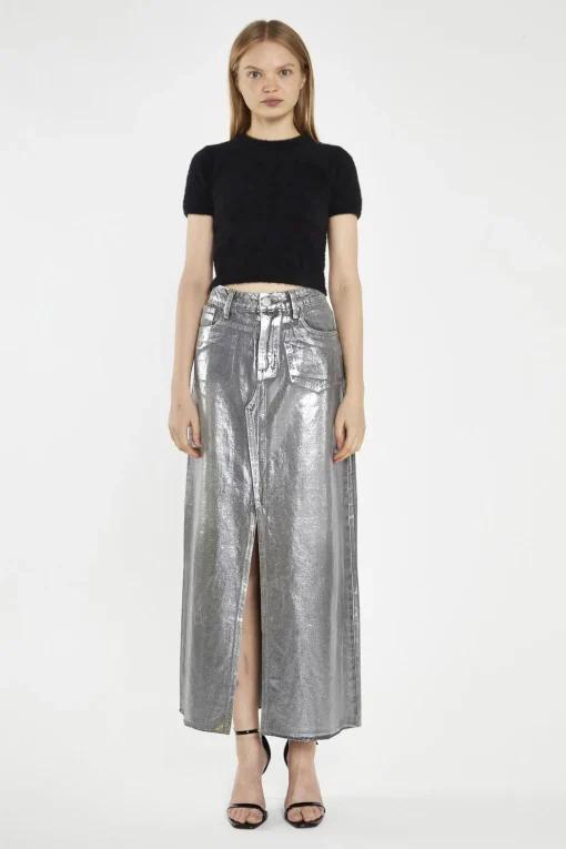 Glamorous Denim Skirts|Midi & Midaxi Skirts|Grey Silver-Foil Denim Split-Front Midi-Skirt -