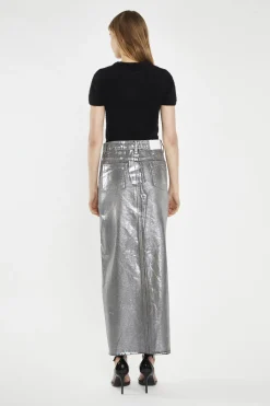 Glamorous Denim Skirts|Midi & Midaxi Skirts|Grey Silver-Foil Denim Split-Front Midi-Skirt -