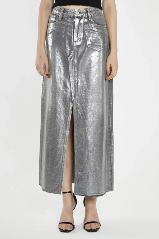 Glamorous Denim Skirts|Midi & Midaxi Skirts|Grey Silver-Foil Denim Split-Front Midi-Skirt -