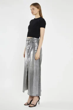 Glamorous Denim Skirts|Midi & Midaxi Skirts|Grey Silver-Foil Denim Split-Front Midi-Skirt -