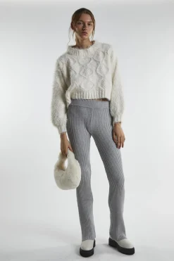 Glamorous Flares|Grey-Marl Rib-Knit Flared-Trousers -