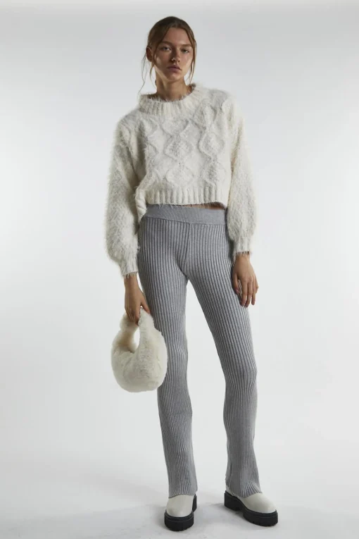 Glamorous Flares|Grey-Marl Rib-Knit Flared-Trousers -