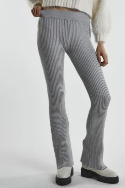 Glamorous Flares|Grey-Marl Rib-Knit Flared-Trousers -