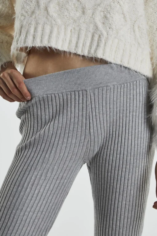 Glamorous Flares|Grey-Marl Rib-Knit Flared-Trousers -
