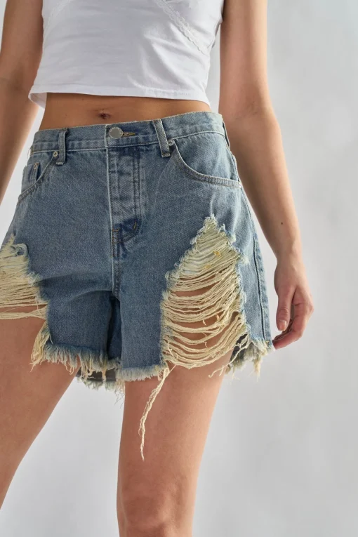 Glamorous Denim Shorts|Heavy Vintage-Wash Distressed Denim Shorts -