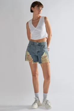 Glamorous Denim Shorts|Heavy Vintage-Wash Distressed Denim Shorts -