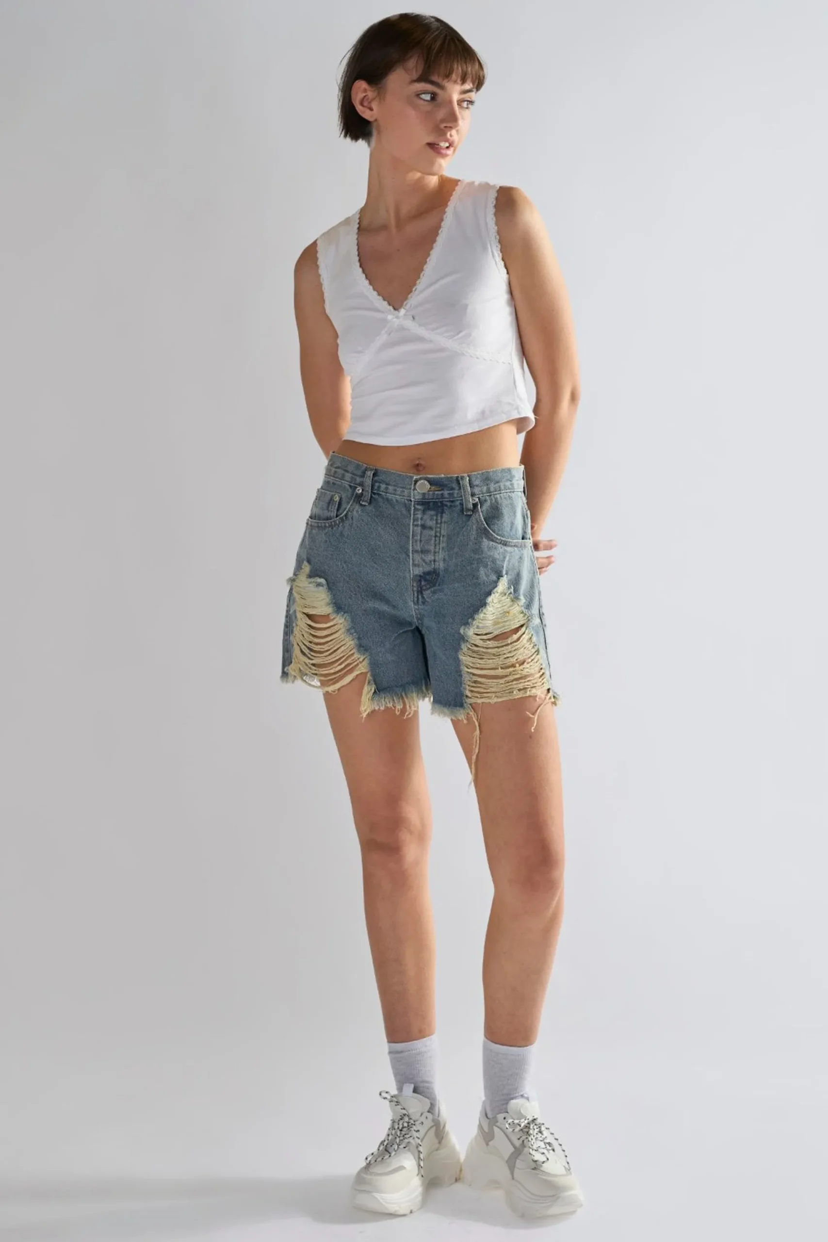 Glamorous Denim Shorts|Heavy Vintage-Wash Distressed Denim Shorts -