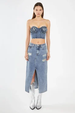 Glamorous Going Out Tops|Co-ords|Heavy-Vintage Wash Denim Corsage Crop-Top -