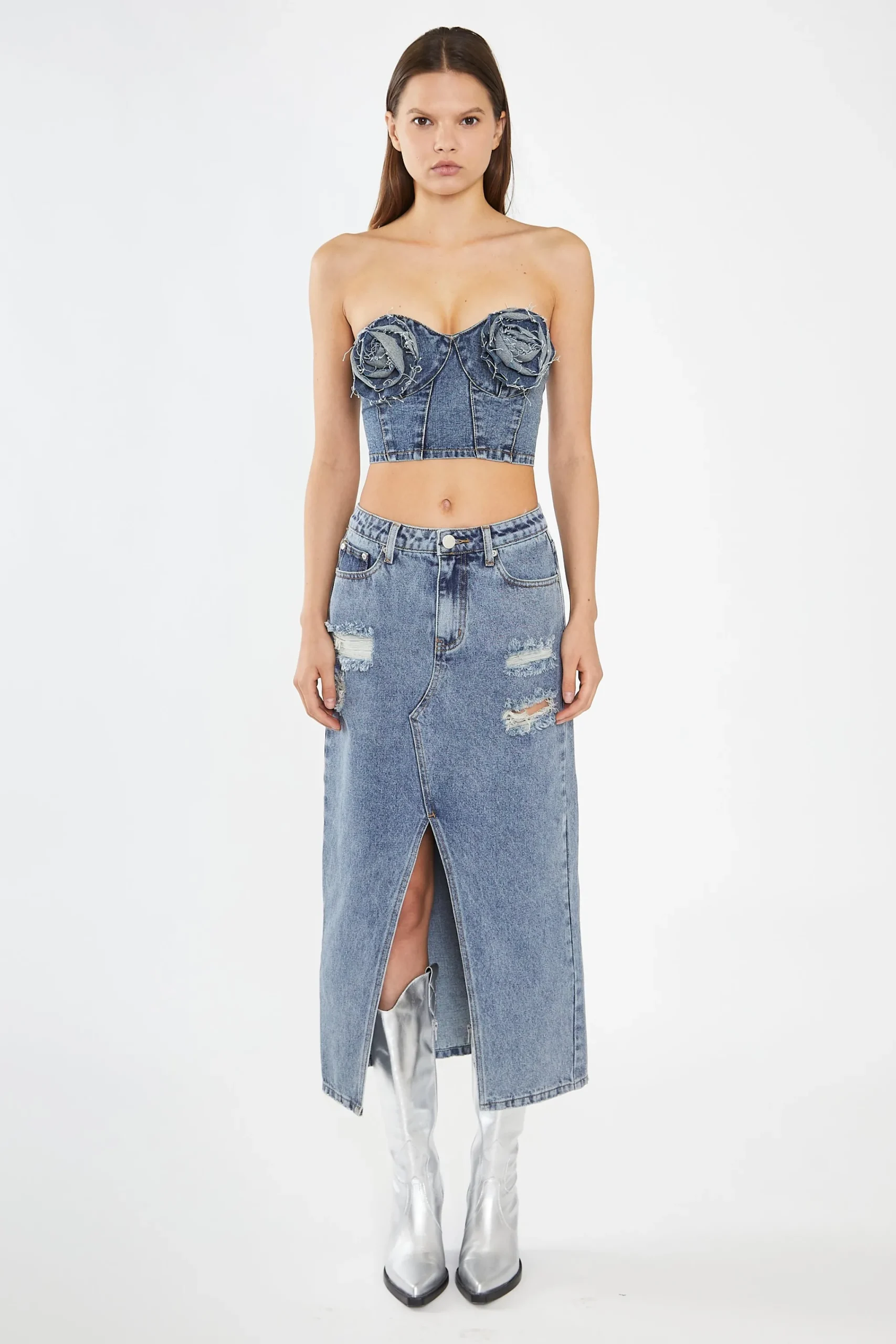 Glamorous Co-ords|Denim Skirts|Heavy-Vintage Wash Front-Split Distressed Denim Midi-Skirt -