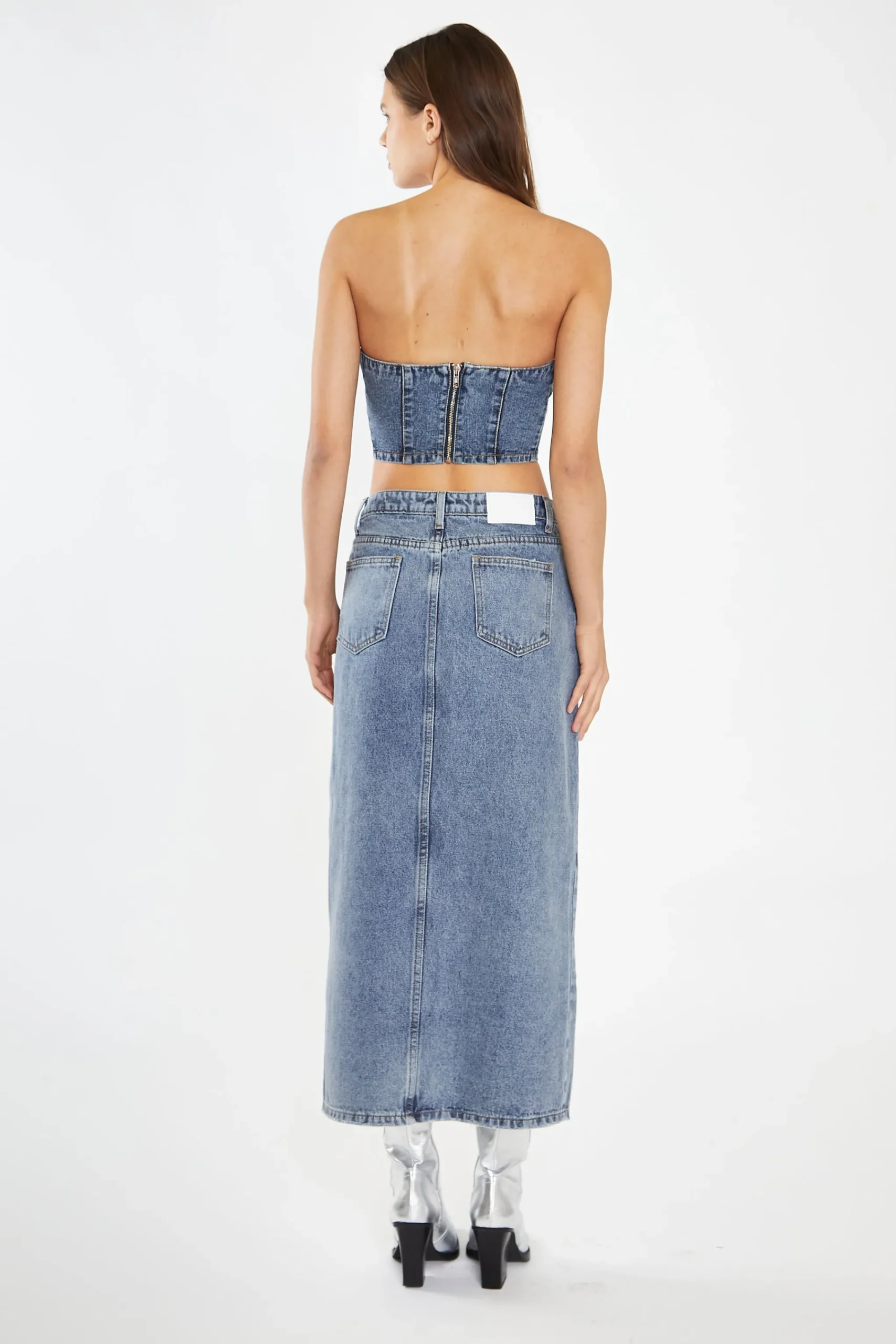 Glamorous Co-ords|Denim Skirts|Heavy-Vintage Wash Front-Split Distressed Denim Midi-Skirt -