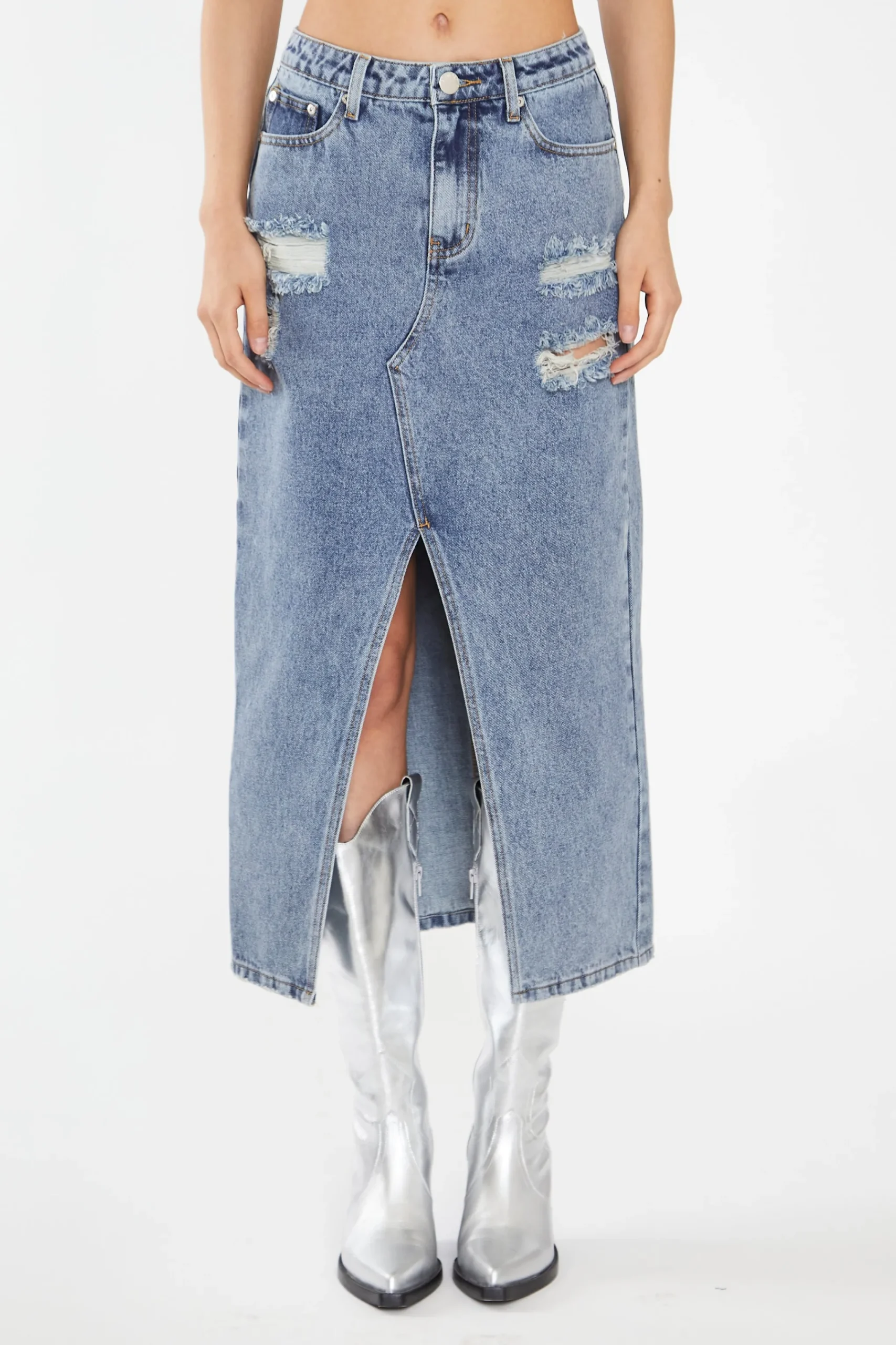 Glamorous Co-ords|Denim Skirts|Heavy-Vintage Wash Front-Split Distressed Denim Midi-Skirt -