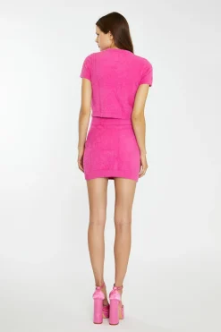 Glamorous Co-ords|Knitted Co-ords|Hot Pink Short-Sleeve Knitted Crop-Top -