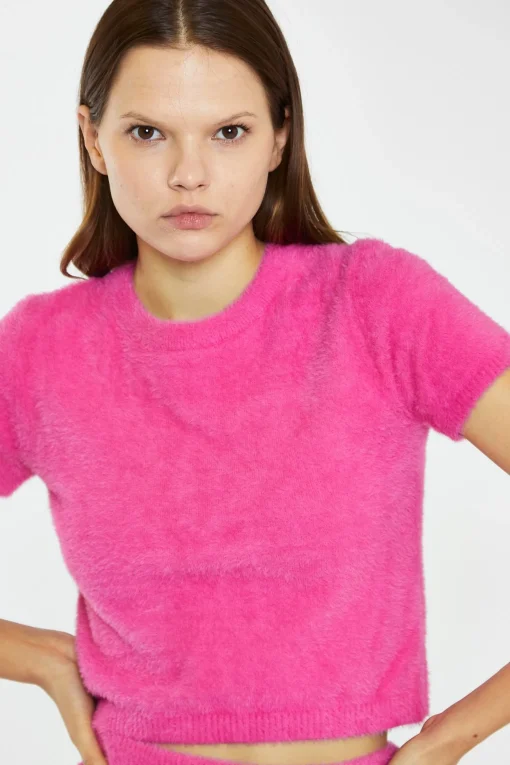 Glamorous Co-ords|Knitted Co-ords|Hot Pink Short-Sleeve Knitted Crop-Top -