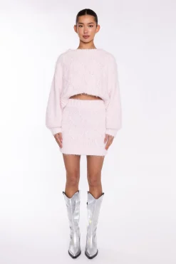 Glamorous Knitted Co-ords|Knitted Skirts|Icy-Pink Cable-Knit Mini-Skirt -