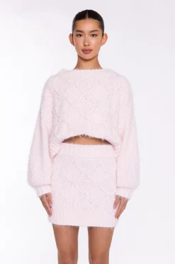 Glamorous Knitted Co-ords|Knitted Skirts|Icy-Pink Cable-Knit Mini-Skirt -