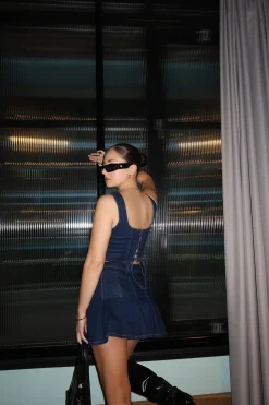 Glamorous Glamorous Care: Our Sustainable Collection|Tops & T-shirts|Indigo Wash Lace-Up Back Corset Top -
