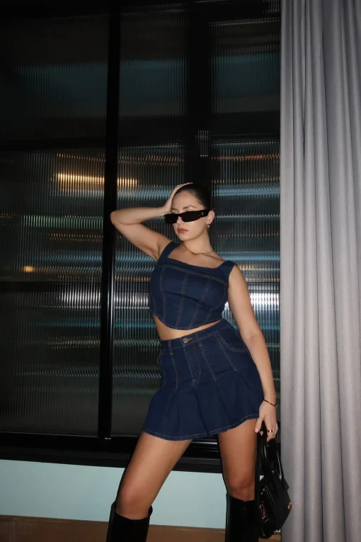 Glamorous Glamorous Care: Our Sustainable Collection|Mini Skirts|Indigo Wash Pleated Mini-Skirt -