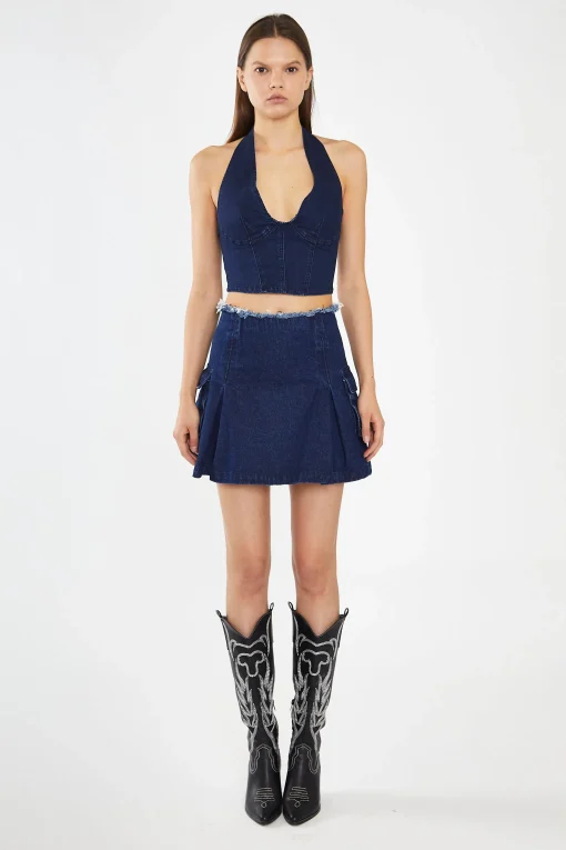 Glamorous Co-ords|Denim Skirts|Indigo-Blue Denim Cargo Mini-Skirt -