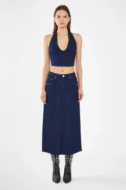 Glamorous Co-ords|Denim Skirts|Indigo-Blue Front Split Denim Maxi-Skirt -