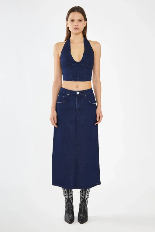 Glamorous Co-ords|Denim Skirts|Indigo-Blue Front Split Denim Maxi-Skirt -