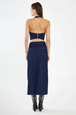 Glamorous Co-ords|Denim Skirts|Indigo-Blue Front Split Denim Maxi-Skirt -