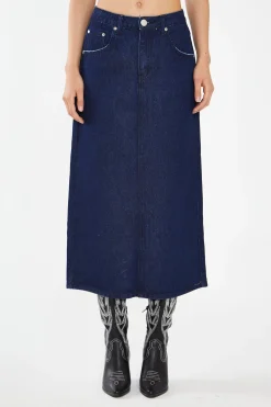 Glamorous Co-ords|Denim Skirts|Indigo-Blue Front Split Denim Maxi-Skirt -
