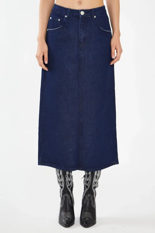 Glamorous Co-ords|Denim Skirts|Indigo-Blue Front Split Denim Maxi-Skirt -