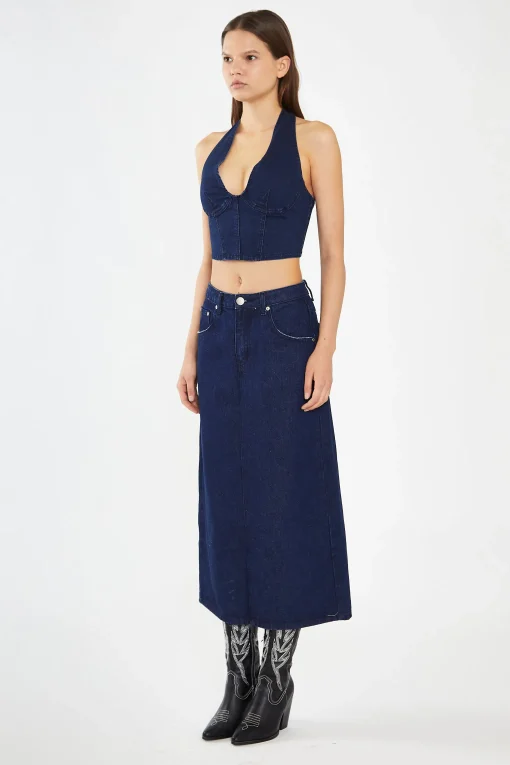 Glamorous Co-ords|Denim Skirts|Indigo-Blue Front Split Denim Maxi-Skirt -