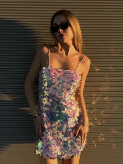 Glamorous Party Dresses|Going Out Dresses|Iridescent Disc-Sequin Jessie Strappy Mini-Dress -